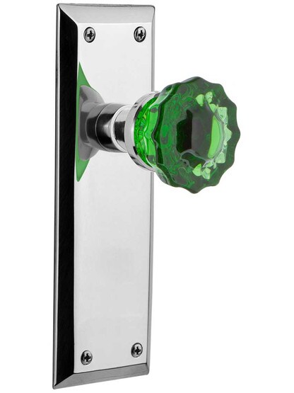 New York Door Set with Colored Fluted Crystal Glass Knobs Emerald in Polished Chrome.